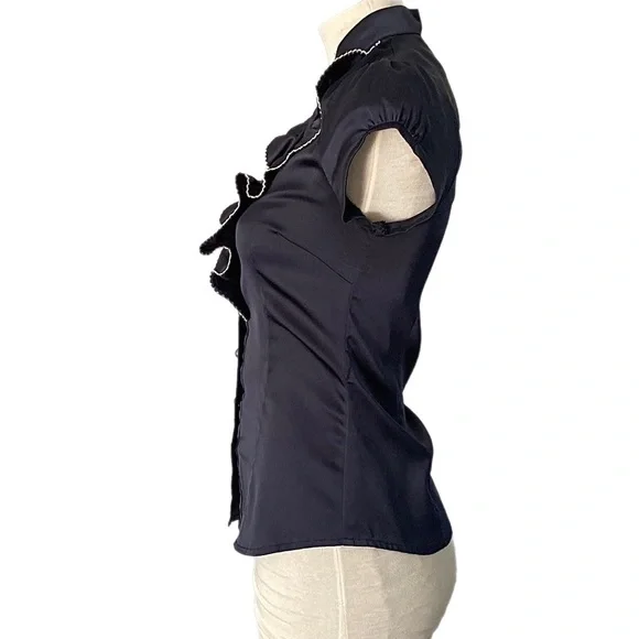 TEMT dark navy satiny puff short sleeve Blouse Ruffle front - Picture 5 of 8